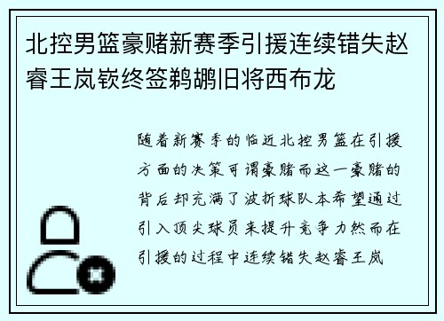 北控男篮豪赌新赛季引援连续错失赵睿王岚嵚终签鹈鹕旧将西布龙
